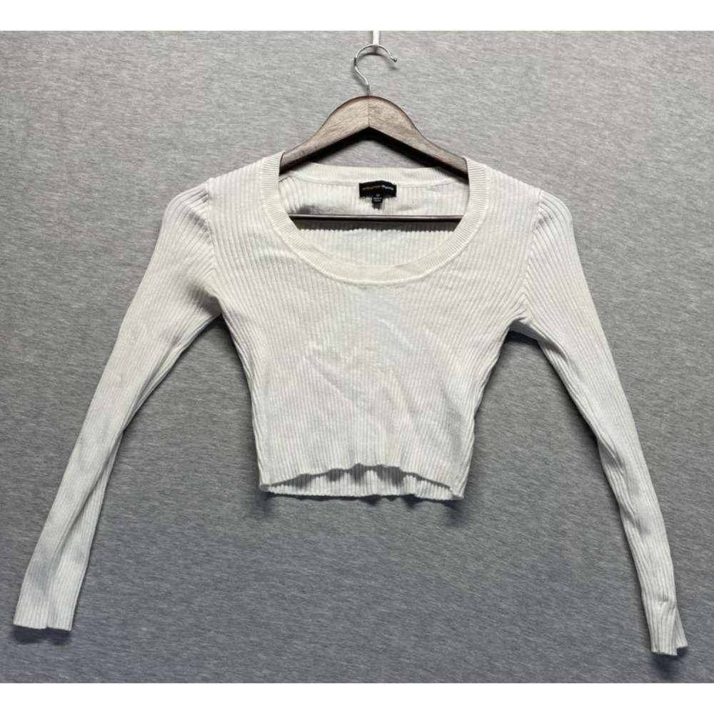 Ambiance Apparel Ribbed Knit Cropped Top Womens Medium Rayon White Scoop Neck